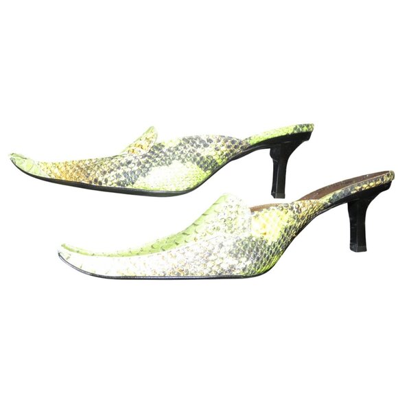 F Mode Verdon Green Viper Anis Snakeskin Italian Leather Square Toe Kitten Mules - Picture 7 of 14